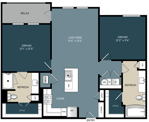 Two-bedroom Kerrville, Texas apartment floor plan featuring a split-bedroom design with living space in the center, open kitchen, and spacious bedrooms for privacy and comfort.